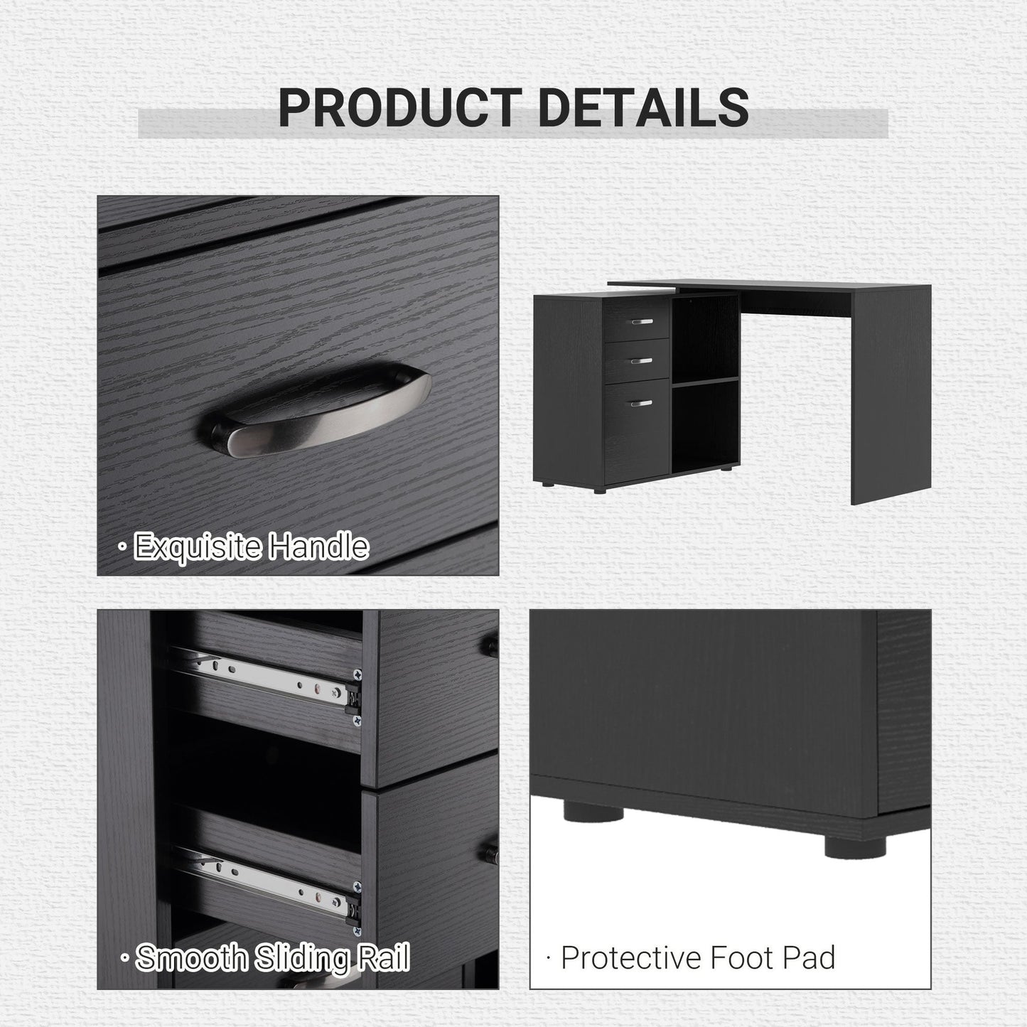 HOMCOM L Shaped Computer Desk, Reversible Home Office Desk with Drawers, File Cabinet and Storage Shelves, Study Table, 117 x 83.5 x 76cm, Black