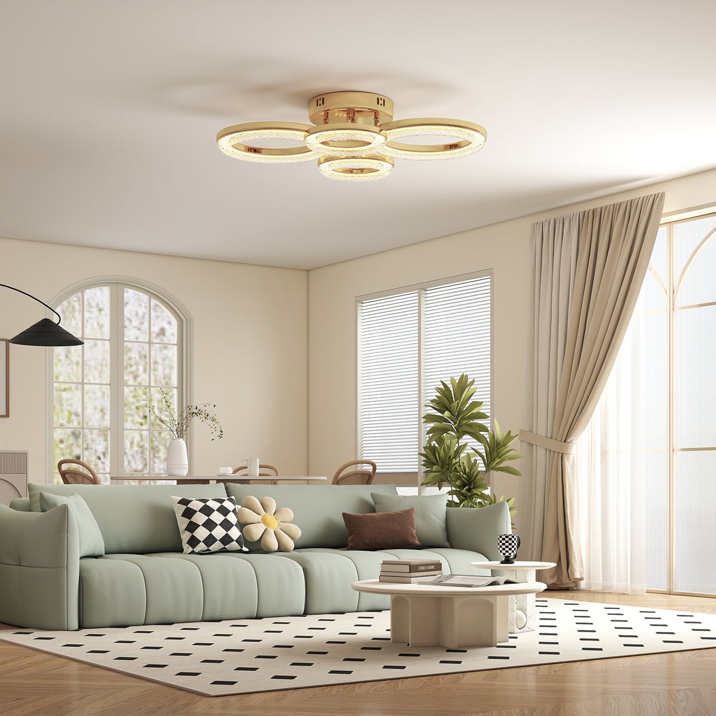 HOMCOM LED Ceiling Light, Modern Dimmable 4 Rings Ceiling Lamp with Wall Switch, 40W 4350lm Flush Mount Ceiling Light with 3500K/4500K/6000K Colour Temperatures for Living Room, Bedroom, Gold Tone