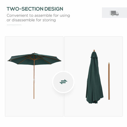 Outsunny 3(m) Wooden Patio Umbrella, Pulley Operated Garden Parasol with Rope Pulley Mechanism and 8 Ribs, Dark Green