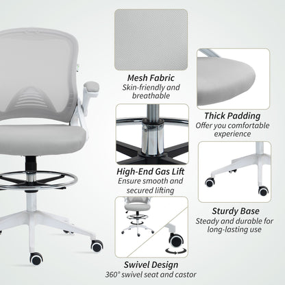 Vinsetto Drafting Chair with Flip-up Armrest, Mesh Office Stool with Foot Ring, 360° Swivel Height Adjustable Chair for Standing Desk, Light Grey