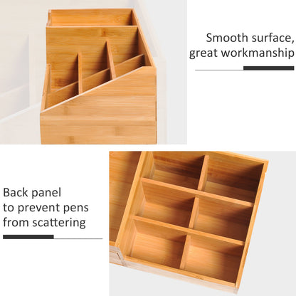 HOMCOM Desk Organiser Holder, Bamboo Multi-Function Storage Caddy with 7 Storage Compartments and 2 Drawers for Home Office Stationary Supplies, Natural Bamboo