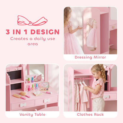 AIYAPLAY Kids Dressing Table, 3-in-1 Kids Vanity Set with Stool, 2-Colour Lights Mirror, Clothes Rack for Ages 3-8, Pink