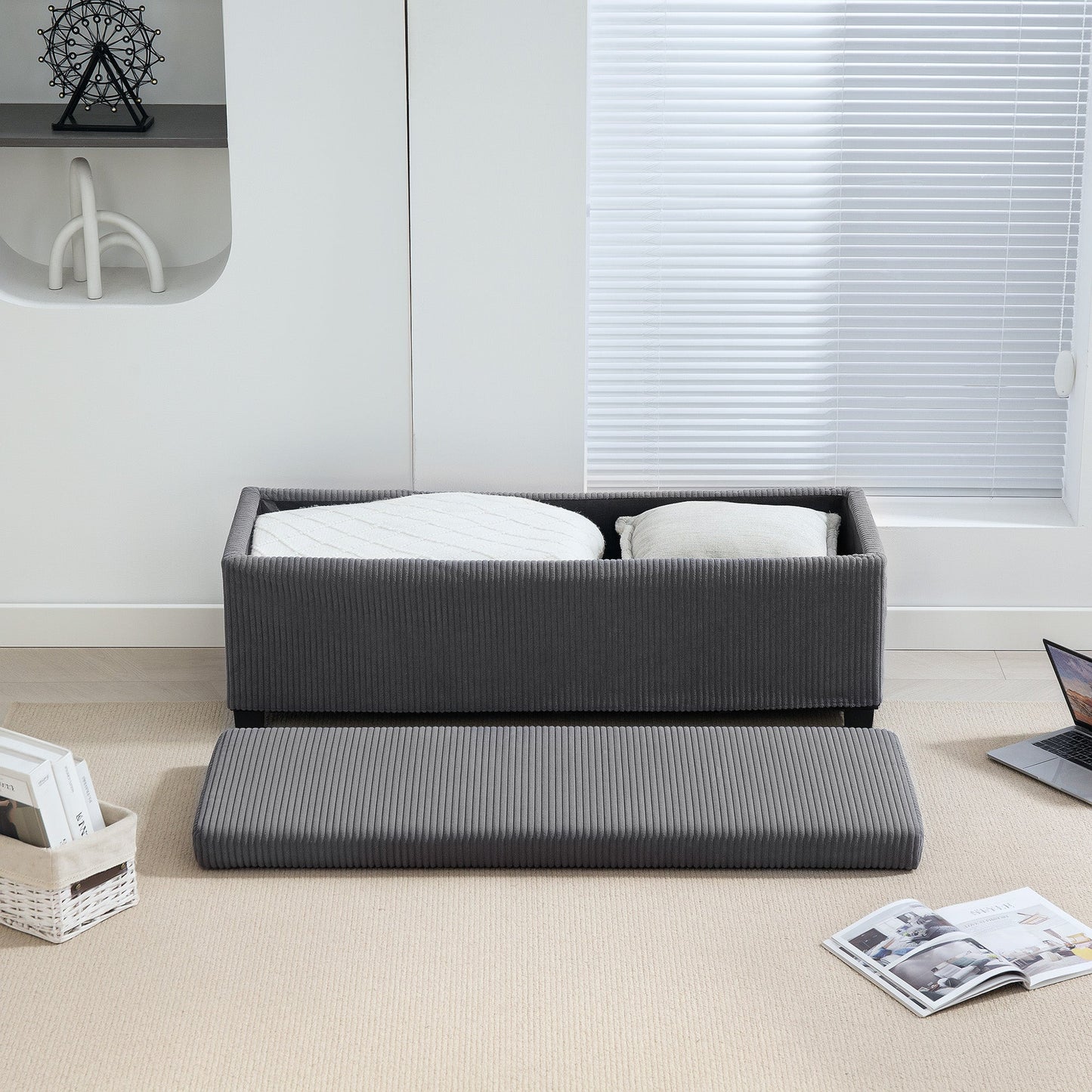 HOMCOM Storage Ottoman Bench, Corduroy Footstool with Removable Lid and Legs, 112cm Storage Chest Box for Living Room, Bedroom, Hallway, Grey