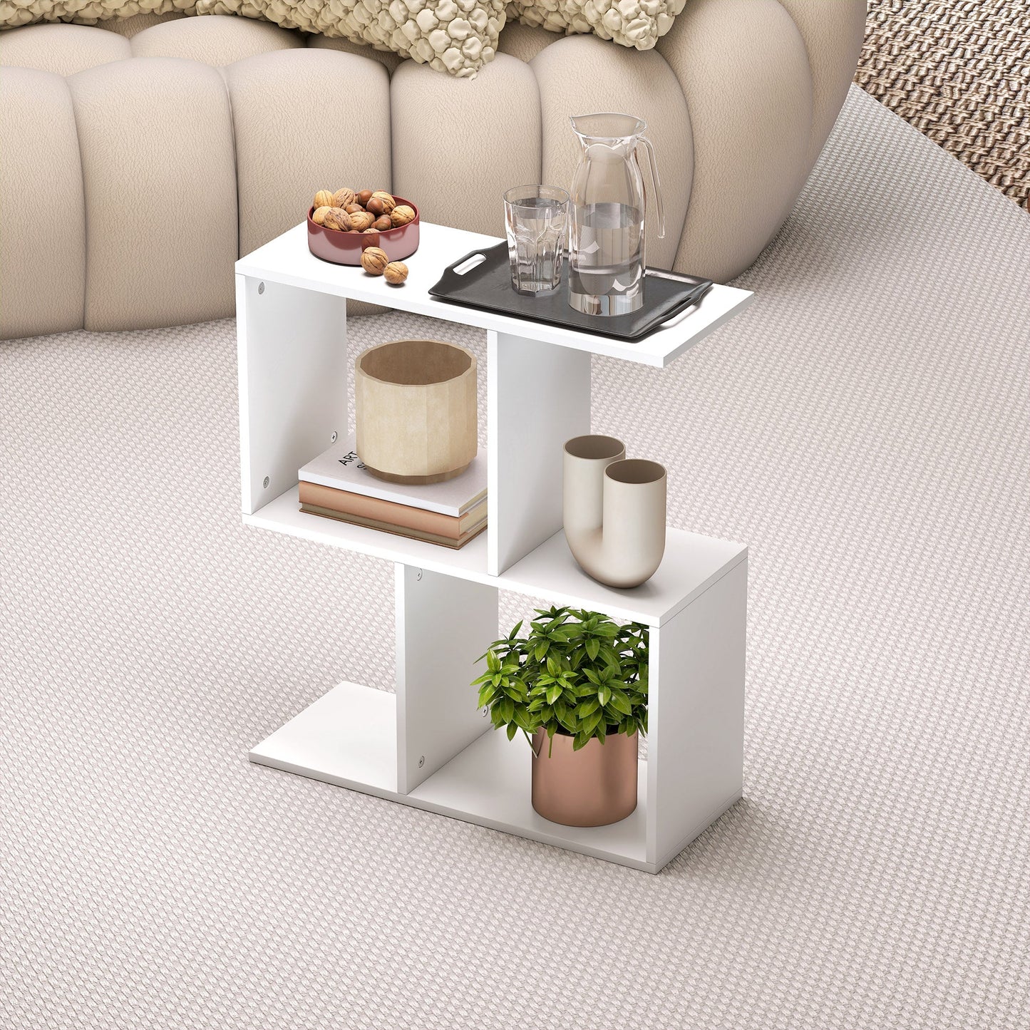 HOMCOM Side Table, Narrow End Table with Storage Shelves, S-Shaped, 3-Tier, 50W x 19.5D x 58H cm, White