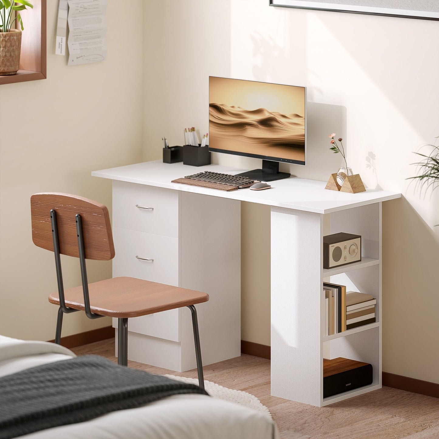 HOMCOM Computer Desk, Writing Table, PC Workstation with 3 Storage Shelves and Drawers, Silver Handle, for Home Office, White