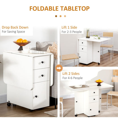 HOMCOM Multi-Storage Six-Person Drop Leaf Dining Table -  White