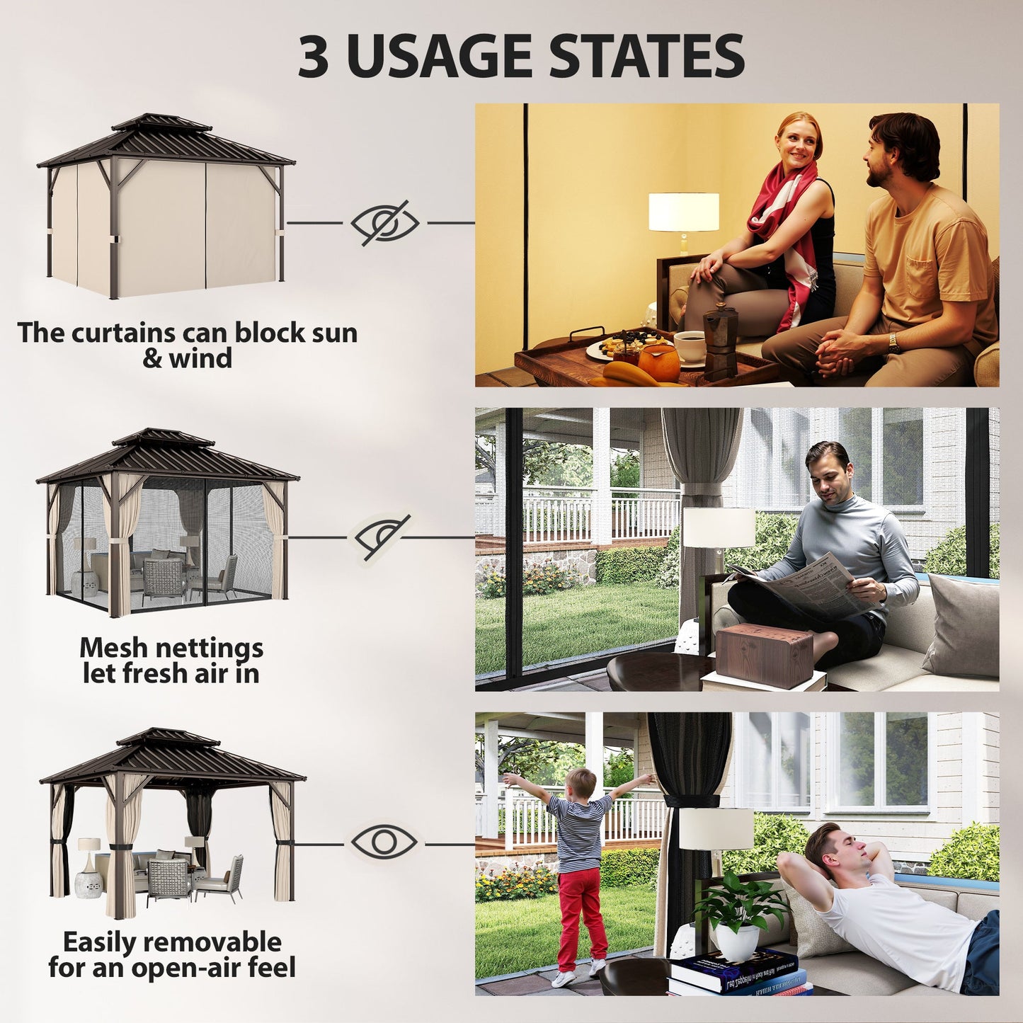 Outsunny 3x3 m Hardtop Gazebo Canopy with UPF50+ Double Galvanised Steel Roof, Aluminium Garden Gazebo Permanent Pavilion, Brown