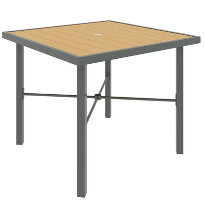 Outsunny Garden Table, 90cm Square Outdoor Patio Dining Table with 4.2 cm Umbrella Hole, Metal Frame, Wood Effect Top, for Terrace, Balcony, Natural Wood Finish