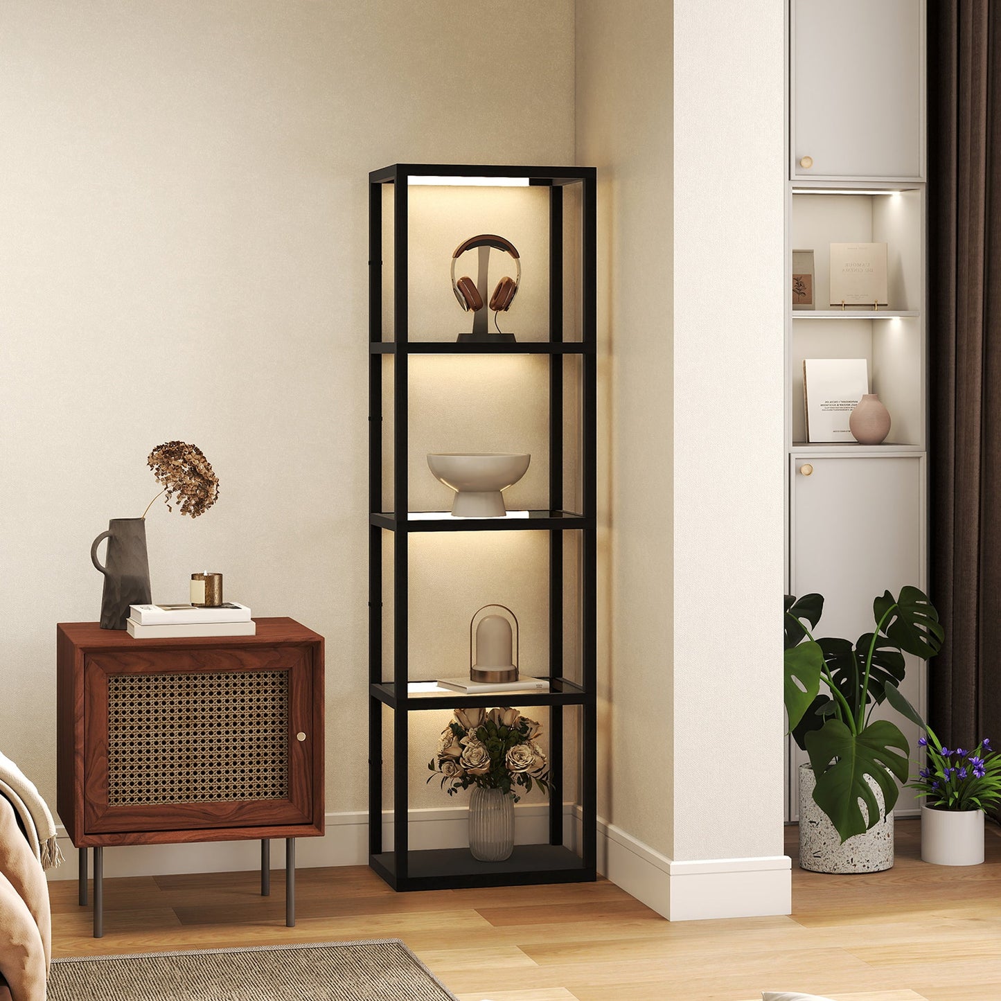 HOMCOM LED Floor Lamp with Glass Shelves, 4 Layers Dimmable Tall Standing Lamp, Modern Column Shelf Floor Light for Living Room, Bedroom, Office, Black