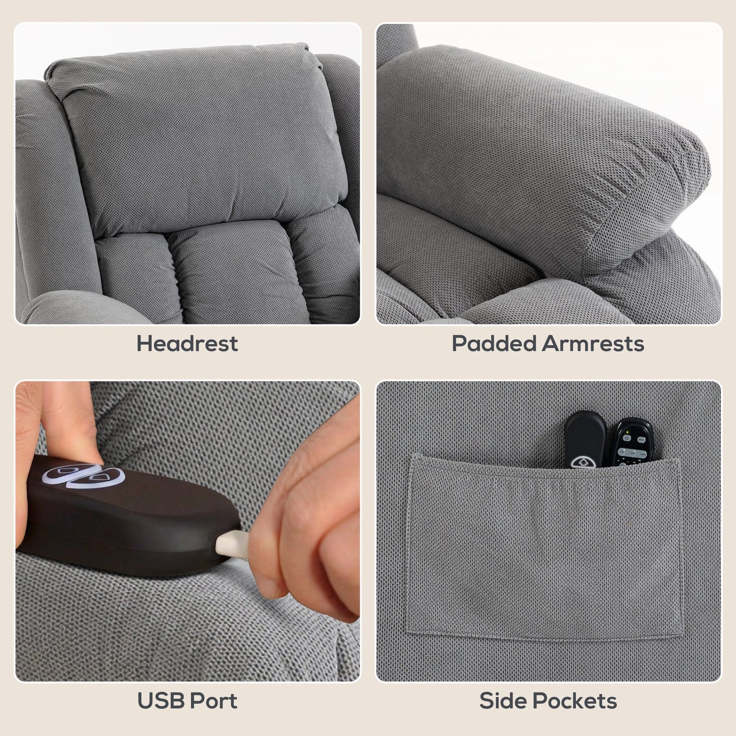 HOMCOM Recliner Armchair Lift Chair, Electric Recliner Chair with Vibration Massage and Heat, Wide Seat, USB Port, Light Grey