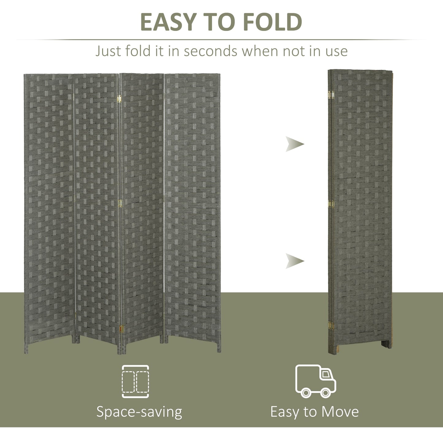 HOMCOM 4-Panel Room Dividers, Wave Fibre Freestanding Folding Privacy Screen Panels, Partition Wall Divider for Indoor Bedroom Office, 170\'c2\'a0cm, Grey