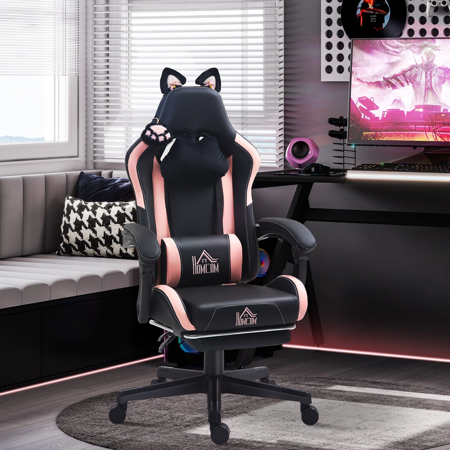 HOMCOM Cat Ear and Paw Reclining Office Chair, with Footrest - Black/Pink
