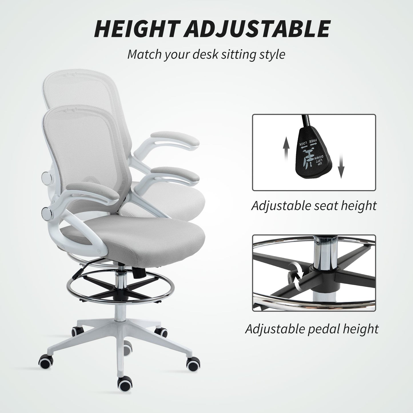 Vinsetto Drafting Chair with Flip-up Armrest, Mesh Office Stool with Foot Ring, 360° Swivel Height Adjustable Chair for Standing Desk, Light Grey