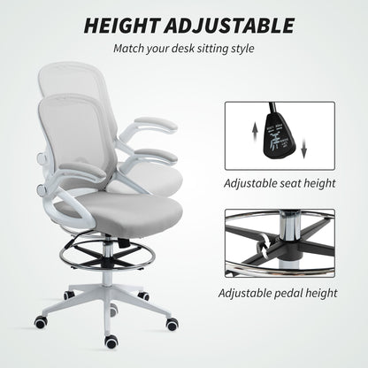 Vinsetto Drafting Chair with Flip-up Armrest, Mesh Office Stool with Foot Ring, 360° Swivel Height Adjustable Chair for Standing Desk, Light Grey