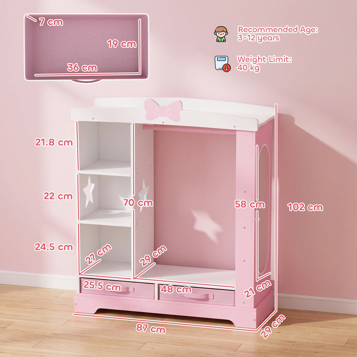 AIYAPLAY Kids Wardrobe with Lighted Mirror, Clothes Rail, Jewelry Cabinet, Shelves, Storage Boxes for Bedroom, Nursery, Pink