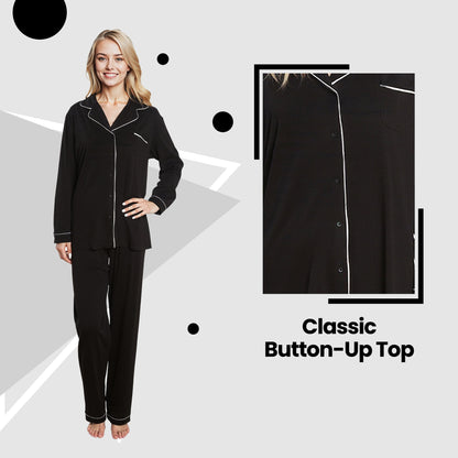 Women's Black Pyjama Set Soft Touch Long Sleeve Button-Up Top & Bottoms Two-Piece Nightwear by Daisy Dreamer