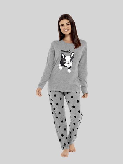 OLIVIA ROCCO Women's Grey Cotton Pyjama Set With Polka Dot Pants And Frenchie Pugs Print, Long Sleeve Top, Breathable Hypoallergenic Loungewear