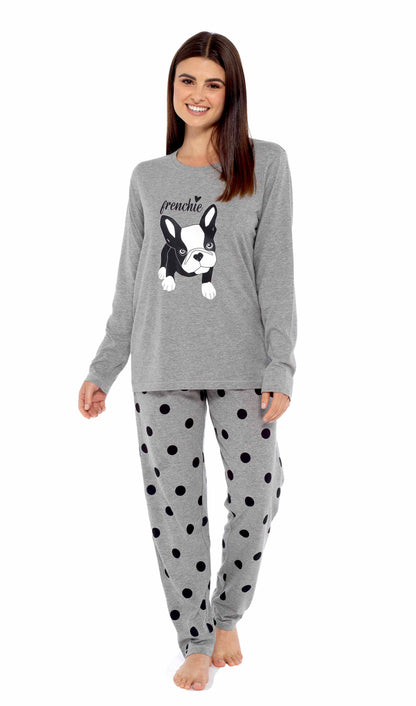 OLIVIA ROCCO Women's Grey Cotton Pyjama Set With Polka Dot Pants And Frenchie Pugs Print, Long Sleeve Top, Breathable Hypoallergenic Loungewear