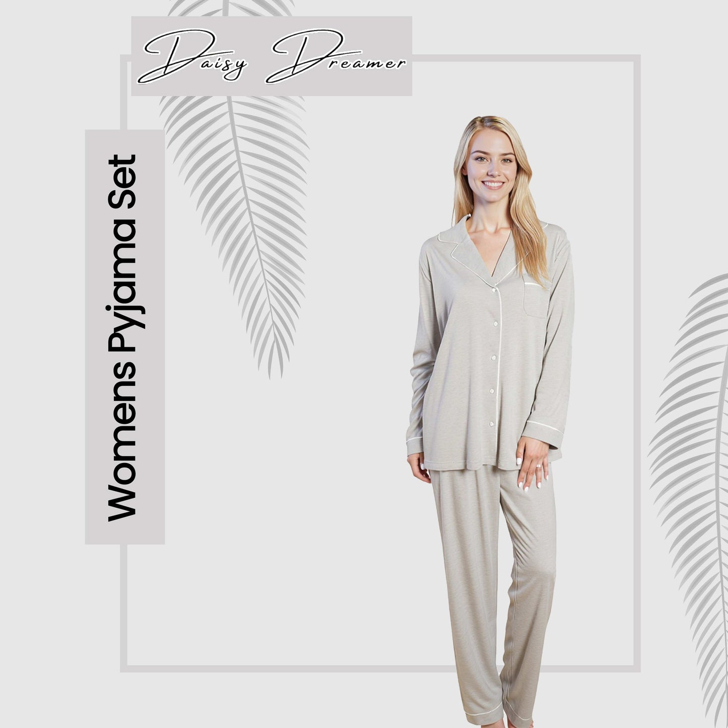 Women's Grey Pyjama Set Soft Touch Long Sleeve Button-Up Top & Bottoms Two-Piece Nightwear by Daisy Dreamer