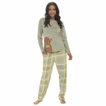 OLIVIA ROCCO Women's Highland Cow Cotton Jersey Pyjama Set Long Sleeve With Elasticated Waistband Lounge Wear PJs Daisy Dreamer