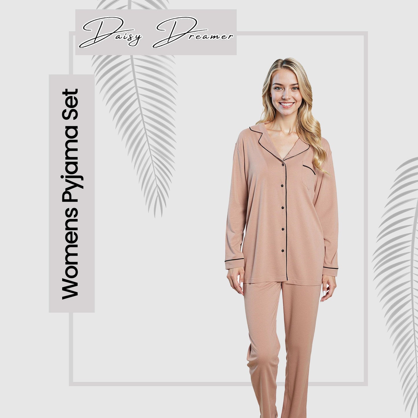 Women's Natural Pyjama Set Soft Touch Long Sleeve Button-Up Top & Bottoms Two-Piece Nightwear by Daisy Dreamer