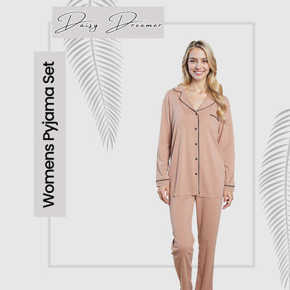 Women's Natural Pyjama Set Soft Touch Long Sleeve Button-Up Top & Bottoms Two-Piece Nightwear by Daisy Dreamer