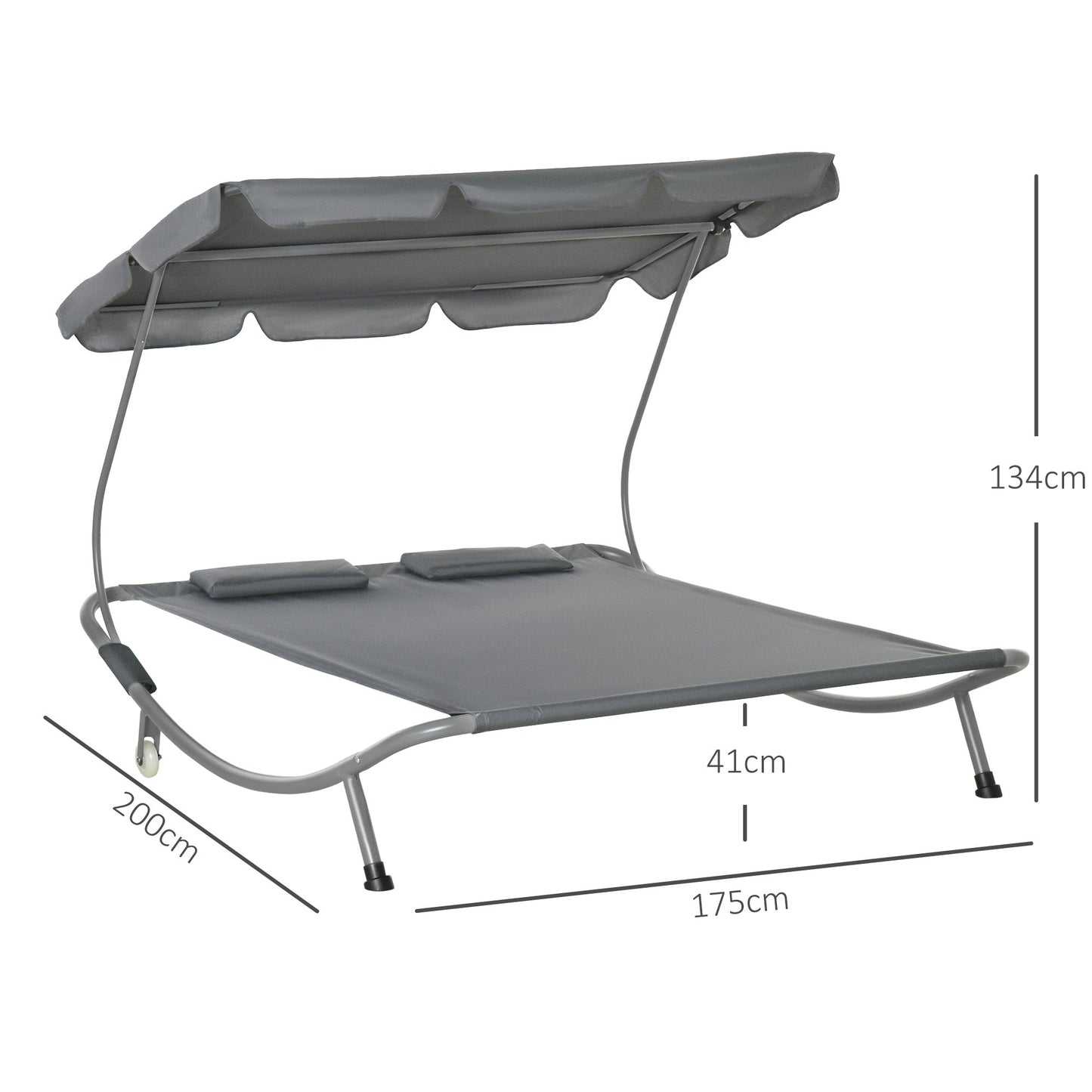 Outsunny Double Hammock Sun Lounger Bed with Canopy Shelter, Wheels & 2 Pillows, Grey