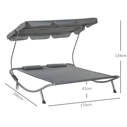 Outsunny Double Hammock Sun Lounger Bed with Canopy Shelter, Wheels & 2 Pillows, Grey