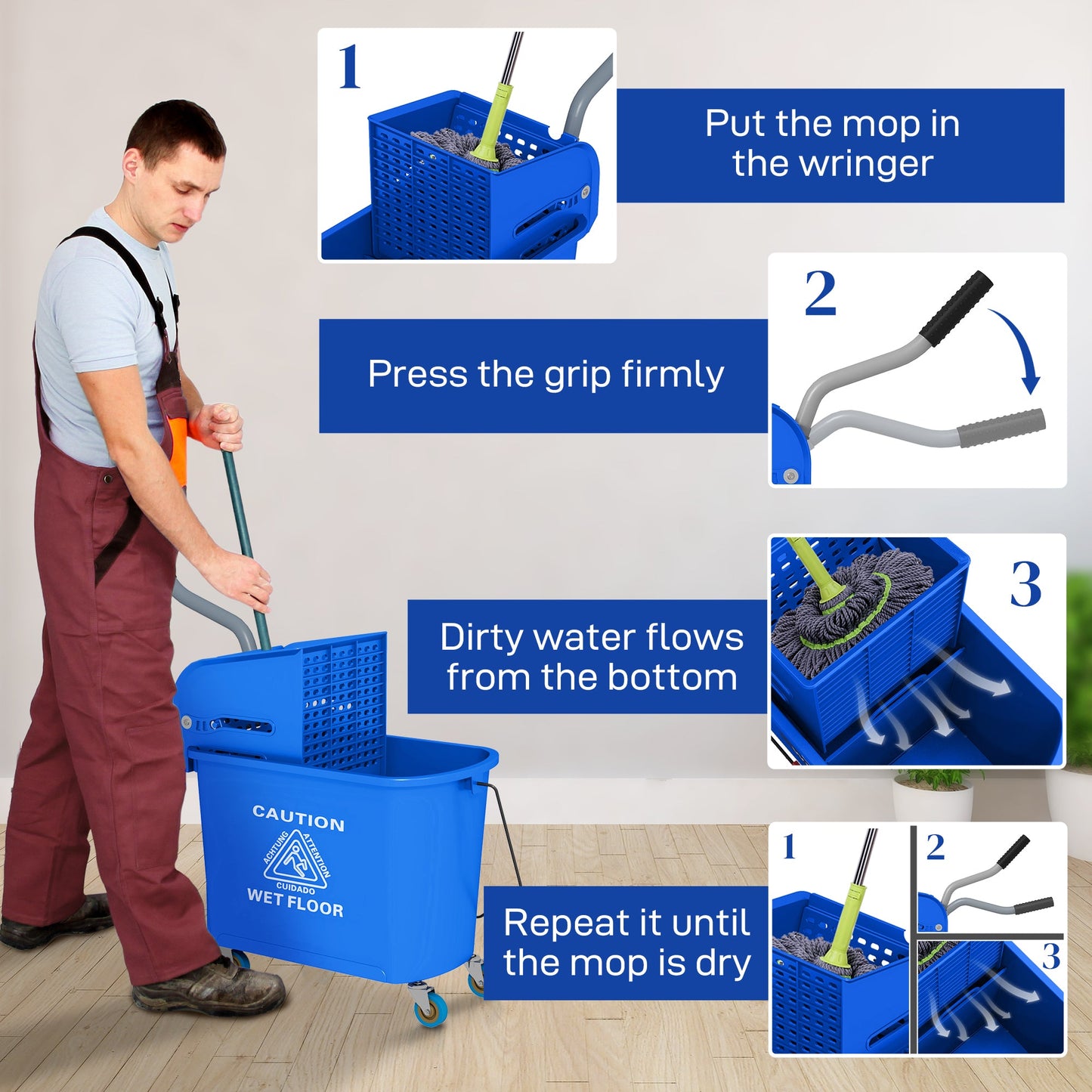 HOMCOM 20L Mop Bucket on Wheels, with Water Separation Panel - Blue