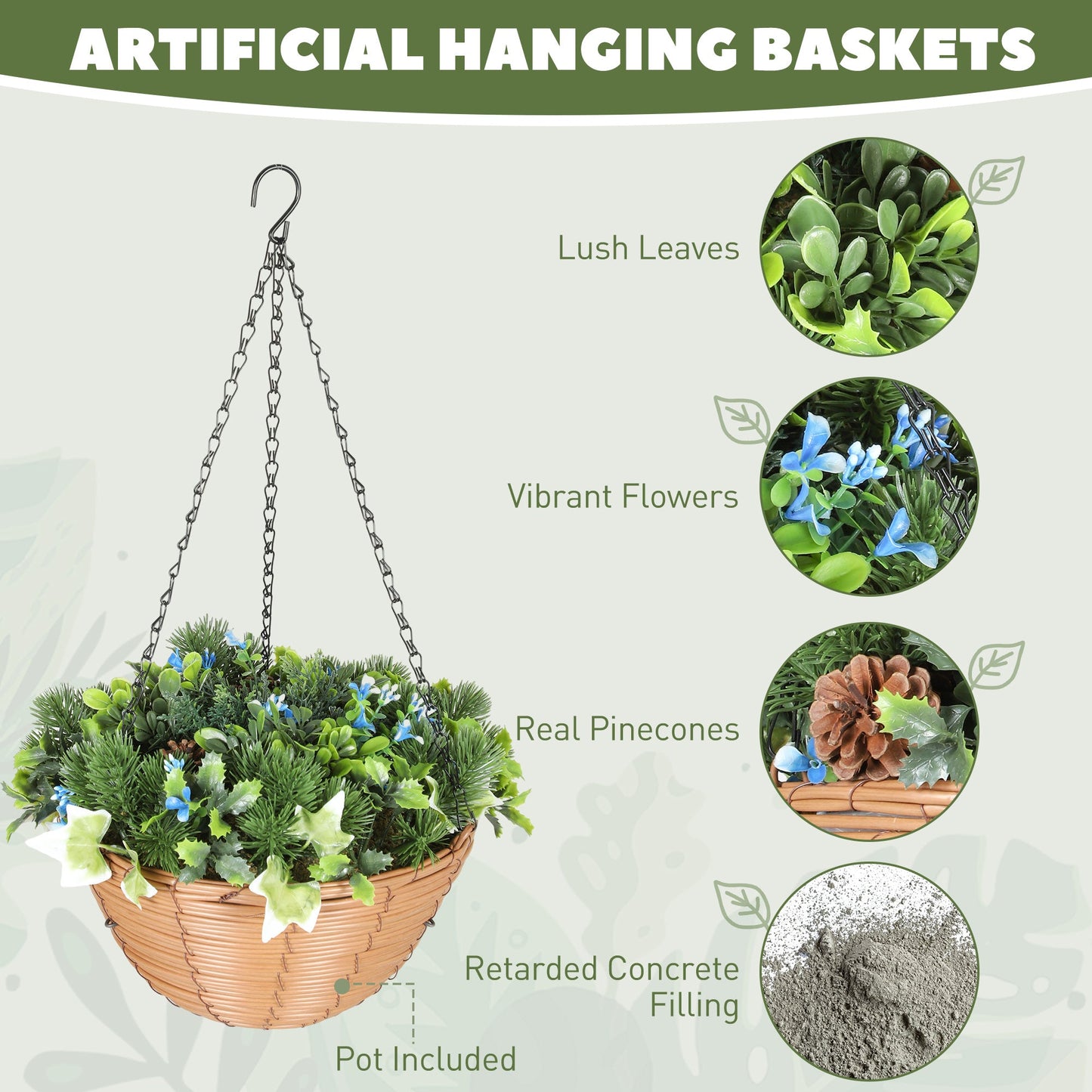 HOMCOM Pack of 2 Faux Plant Artificial Lisianthus Flowers, Hanging Planters with Basket, PE Leaves, 18 Flowers and 3 Pinecones, Decorative Faux Plants for Home Office Decor, Green