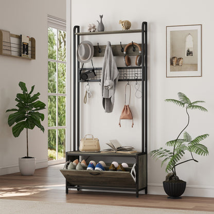 HOMCOM 5-In-1 Industrial-Style Hallway Tree - Grey/Black