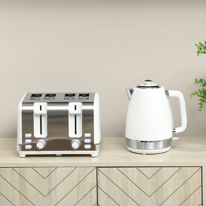 HOMCOM Stainless Steel Kettle and Toaster Set, 1.7L 3000W Rapid Boil Jug Kettle with UK Strix Thermostat, Limescale Filter, 4 Slice Toaster with 7 Browning Controls, Crumb Tray, White and Silver Tone