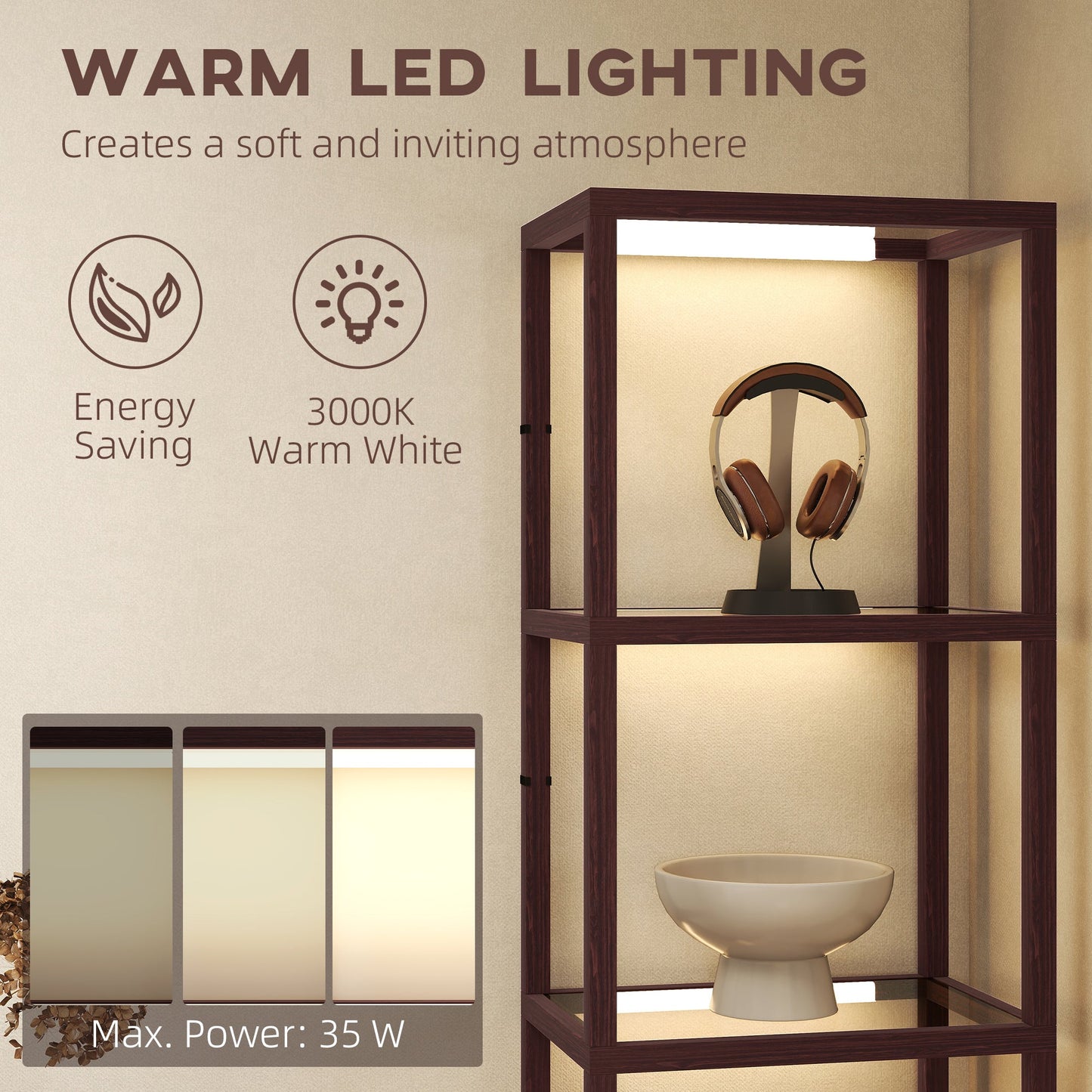 HOMCOM LED Floor Lamp with Glass Shelves, 4 Layers Dimmable Tall Standing Lamp, Modern Column Shelf Floor Light for Living Room, Bedroom, Office, Dark Brown