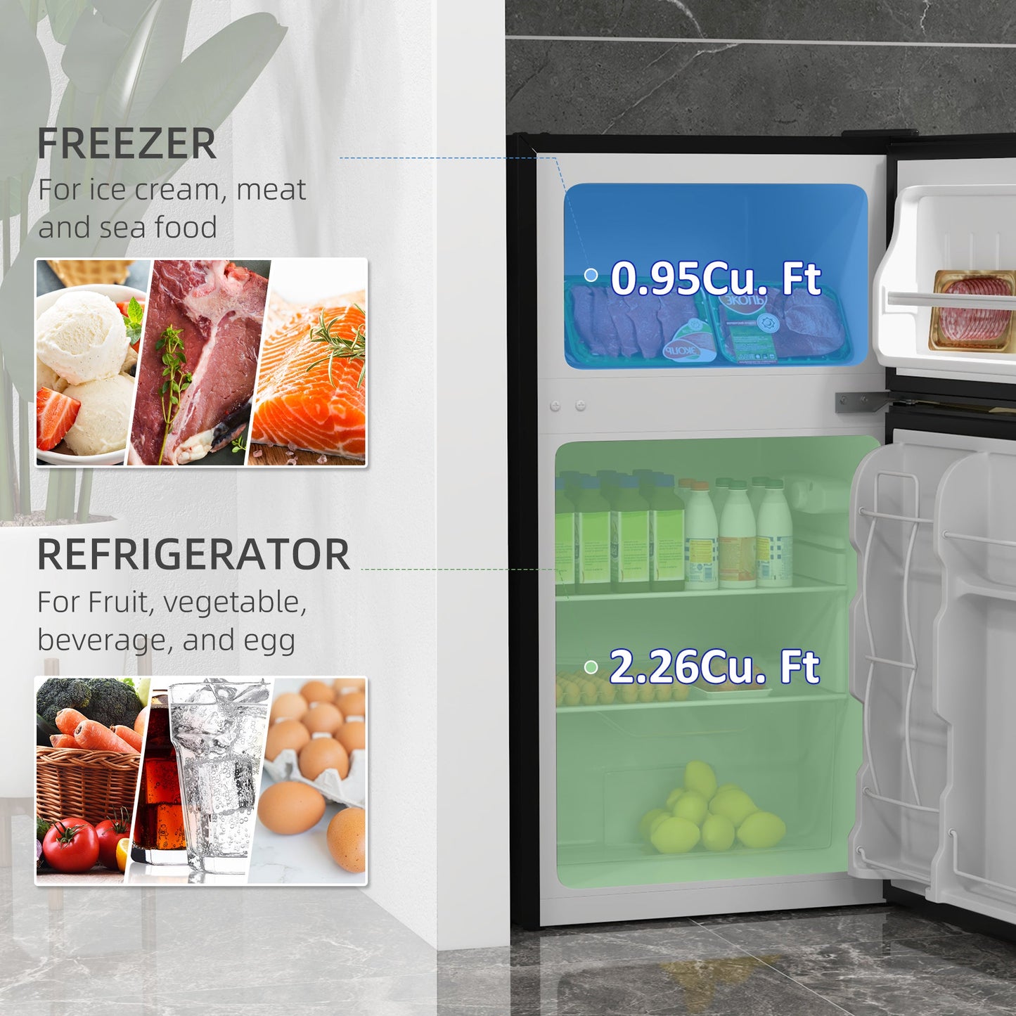HOMCOM 88L Under Counter Fridge Freezer, Small Refrigerator with 5-Setting, 3 Star Freezer Rating, Black and Silver Tone