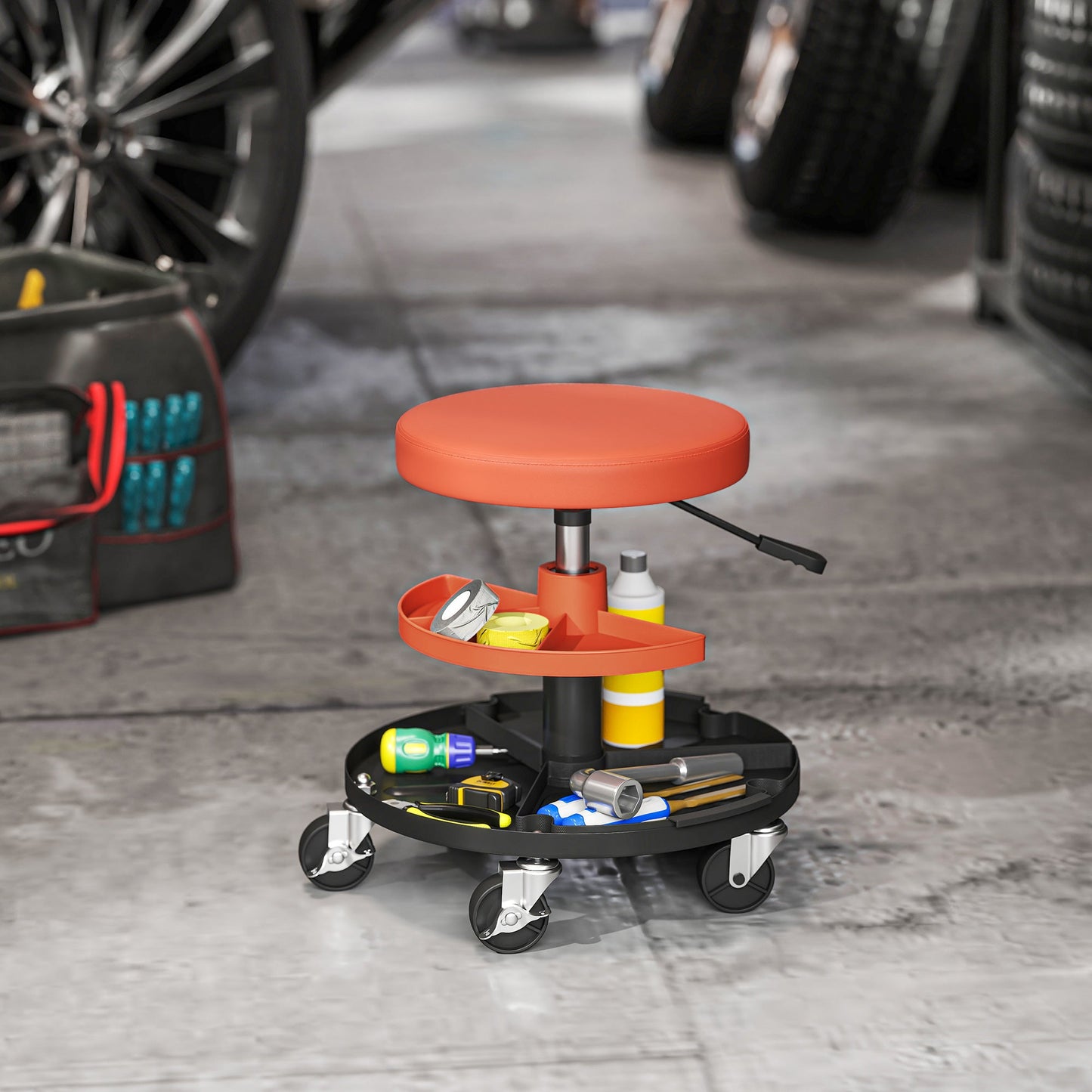 HOMCOM Rolling Mechanic Stool, 135kg Capacity Workshop Stool, 360° Swivel Roller Padded Creeper Seat with Wheels, Tool Trays Storage for Garage, Shop, Auto Repair, Yellow
