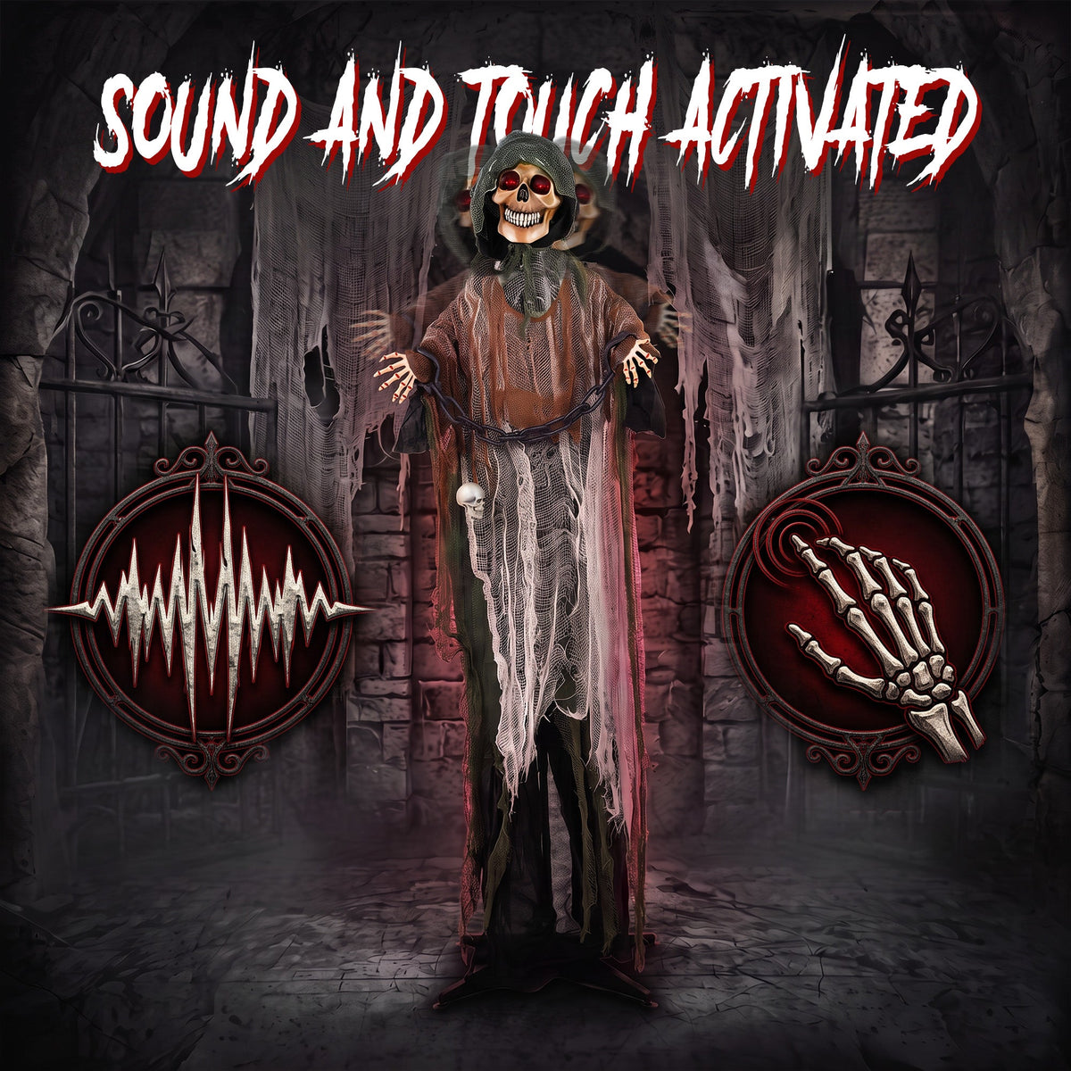 HOMCOM 170cm Animated Grim Reaper, Life-Size Halloween Animatronic with Moving Hands/Head, Glowing Eyes, Creepy Sound