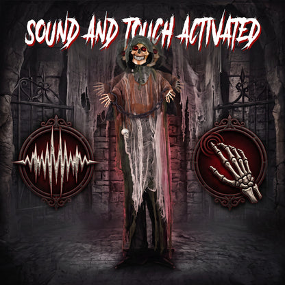 HOMCOM 170cm Animated Grim Reaper, Life-Size Halloween Animatronic with Moving Hands/Head, Glowing Eyes, Creepy Sound