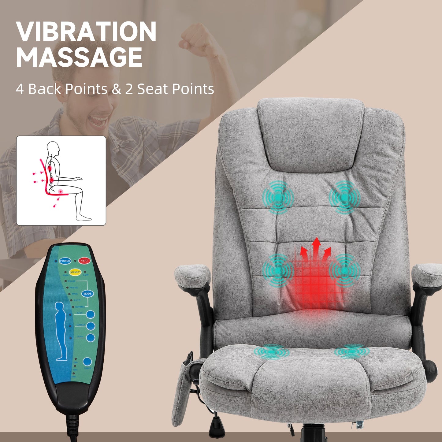 Vinsetto Massage Recliner Chair Heated Office Chair with Six Massage Points Microfiber Cloth 360\'c2\'b0 Swivel Wheels Grey
