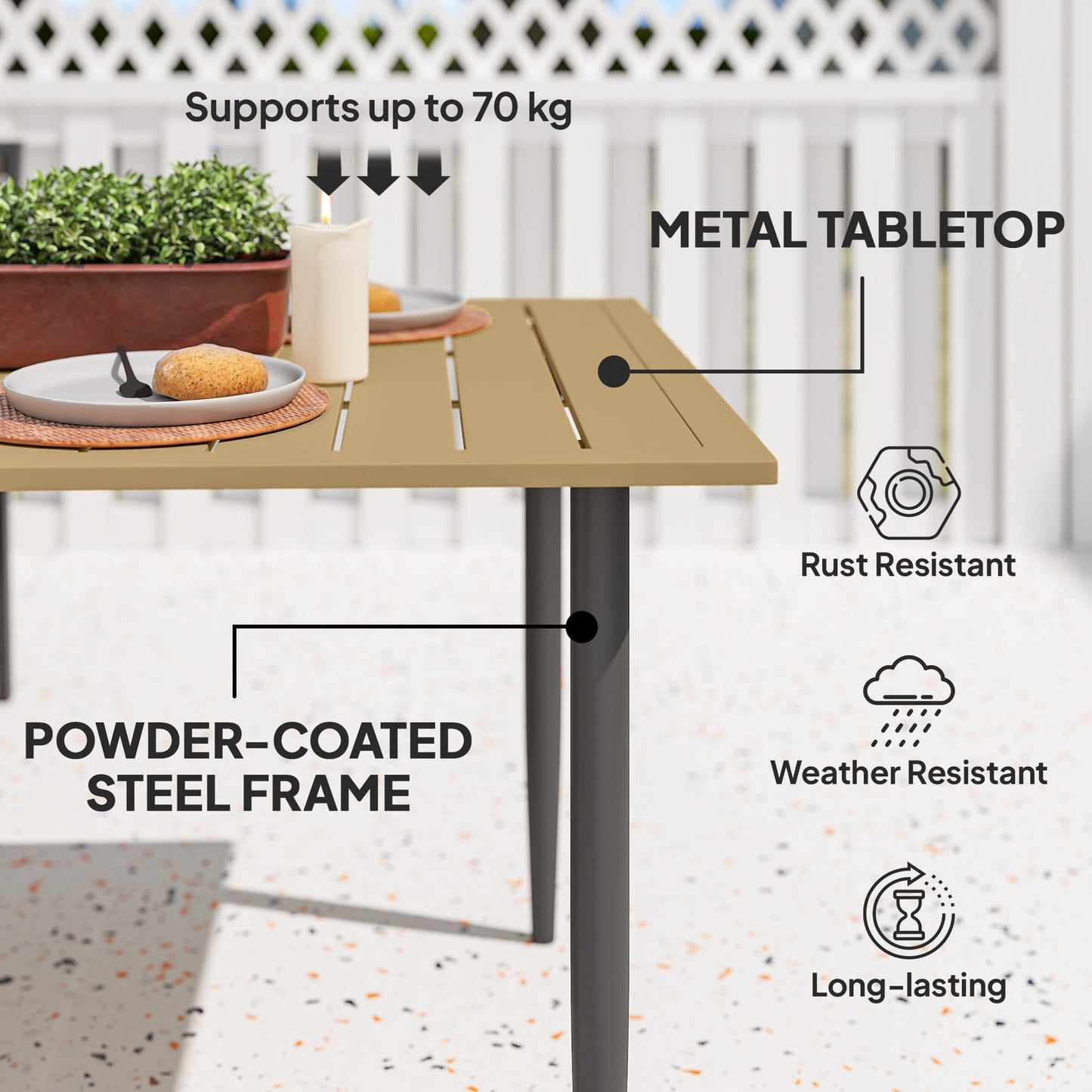 Outsunny Garden Dining Table for 6 Person, Rectangle Outdoor Coffee Table with 5 cm Parasol Hole, Slatted Tabletop and Steel Frame for Patio Balcony, Brown