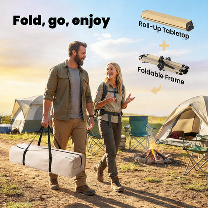 Outsunny 4ft Folding Camping Table, Waterproof Picnic Table with Roll Up Top and Metal Frame, Dark Brown