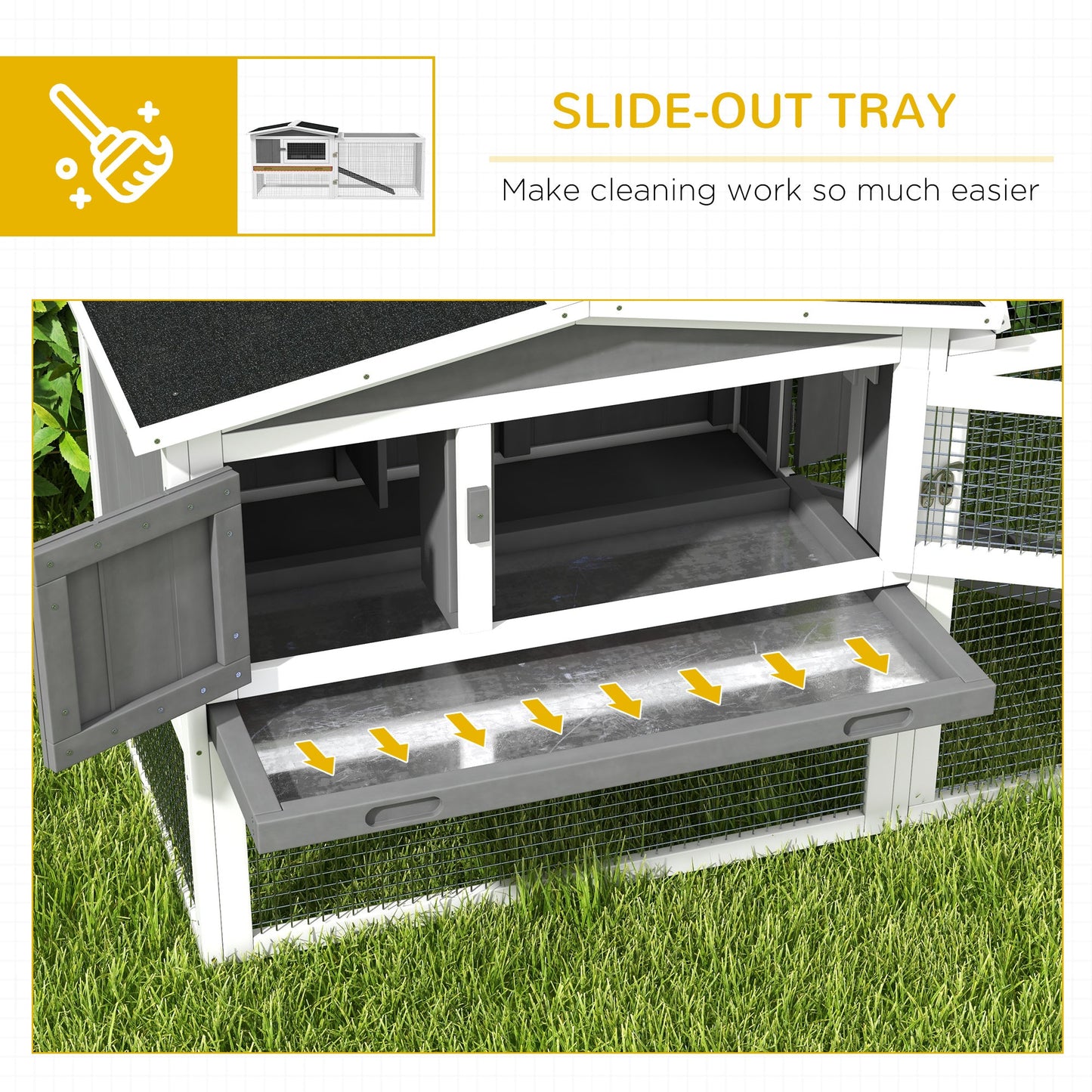 PawHut Rabbit Hutch with Run Wooden Guinea Pig Hutch Outdoor Bunny Cage Hide House with Sliding Tray, Hay Rack, Ramp, 156 x 58 x 68cm, Grey
