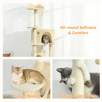 PawHut 180cm Large Cat Tree Tower with Sisal Scratching Posts, Condos, Plush Perches, Hammock, Ladder, Beige