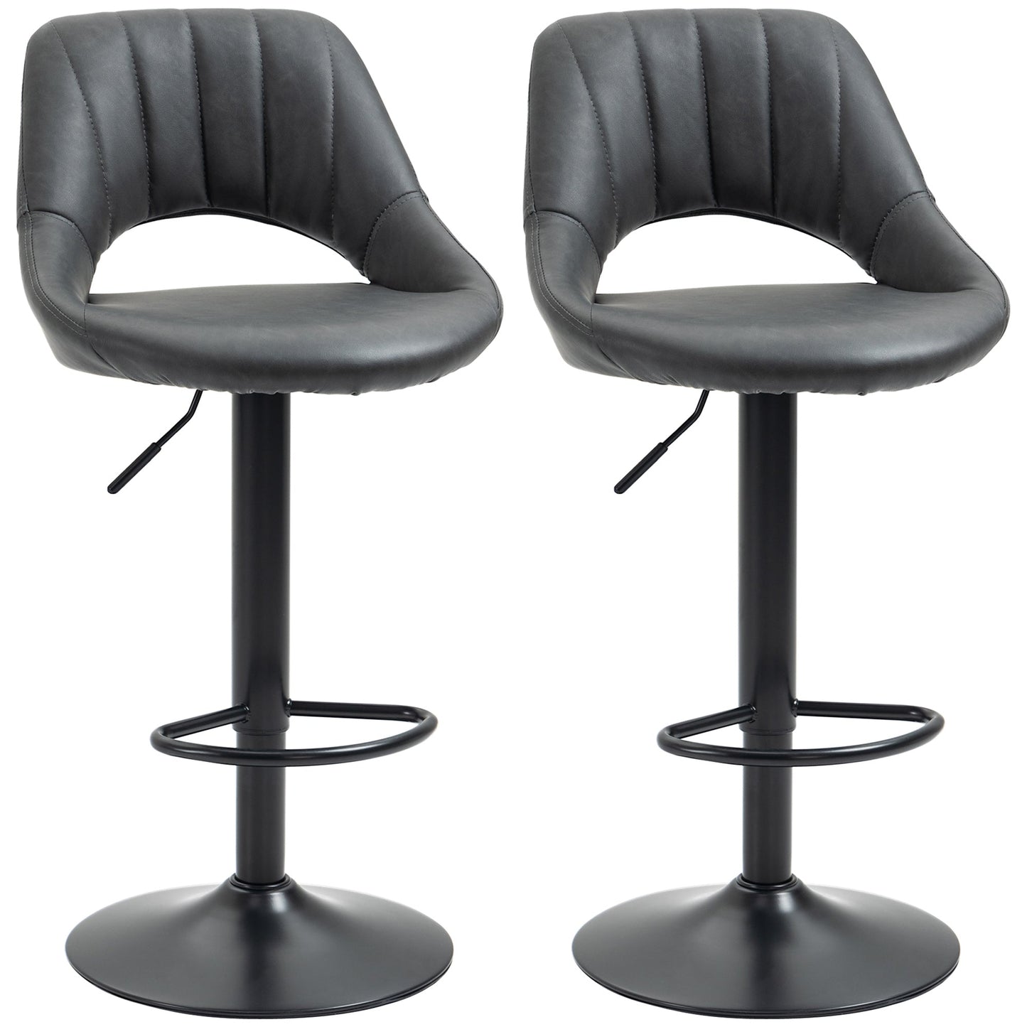HOMCOM Bar Stools Set of 2, Swivel Counter Height Barstools with Back, Adjustable PU Leather Bar Chairs, Modern Armless Kitchen Island Stool, Dark Grey