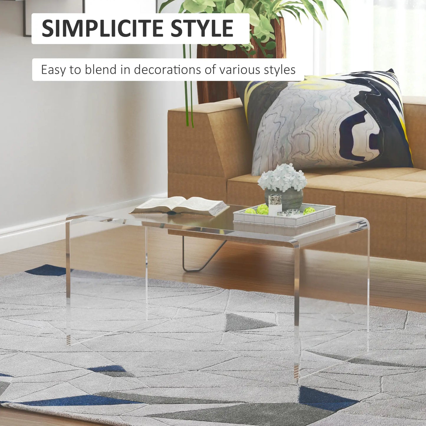 HOMCOM 32" Long Rectangle All Acrylic 15mm Thick Waterfall Coffee Table, Clear