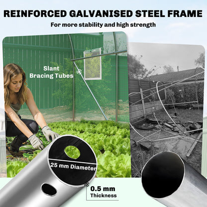 Outsunny 2 x 3 m Walk-in Polytunnel Greenhouse with Hinged Door and 6 Roll Up Mesh Windows, Garden Tunnel Warm House Tent, Green