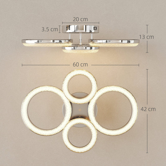 HOMCOM LED Ceiling Light, Modern Dimmable 4 Rings Ceiling Lamp with Wall Switch, 40W 4350lm Flush Mount Ceiling Light with 3500K/4500K/6000K Colour Temperatures for Living Room, Bedroom, Silver Tone