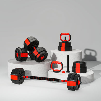 SPORTNOW 6-in-1 Adjustable Weight Dumbbells Set, Used as Kettlebell, Barbell, Dumbbell, Push-Up Stand, 30kg Free Weights Set for Men and Women Home Gym Training, Red