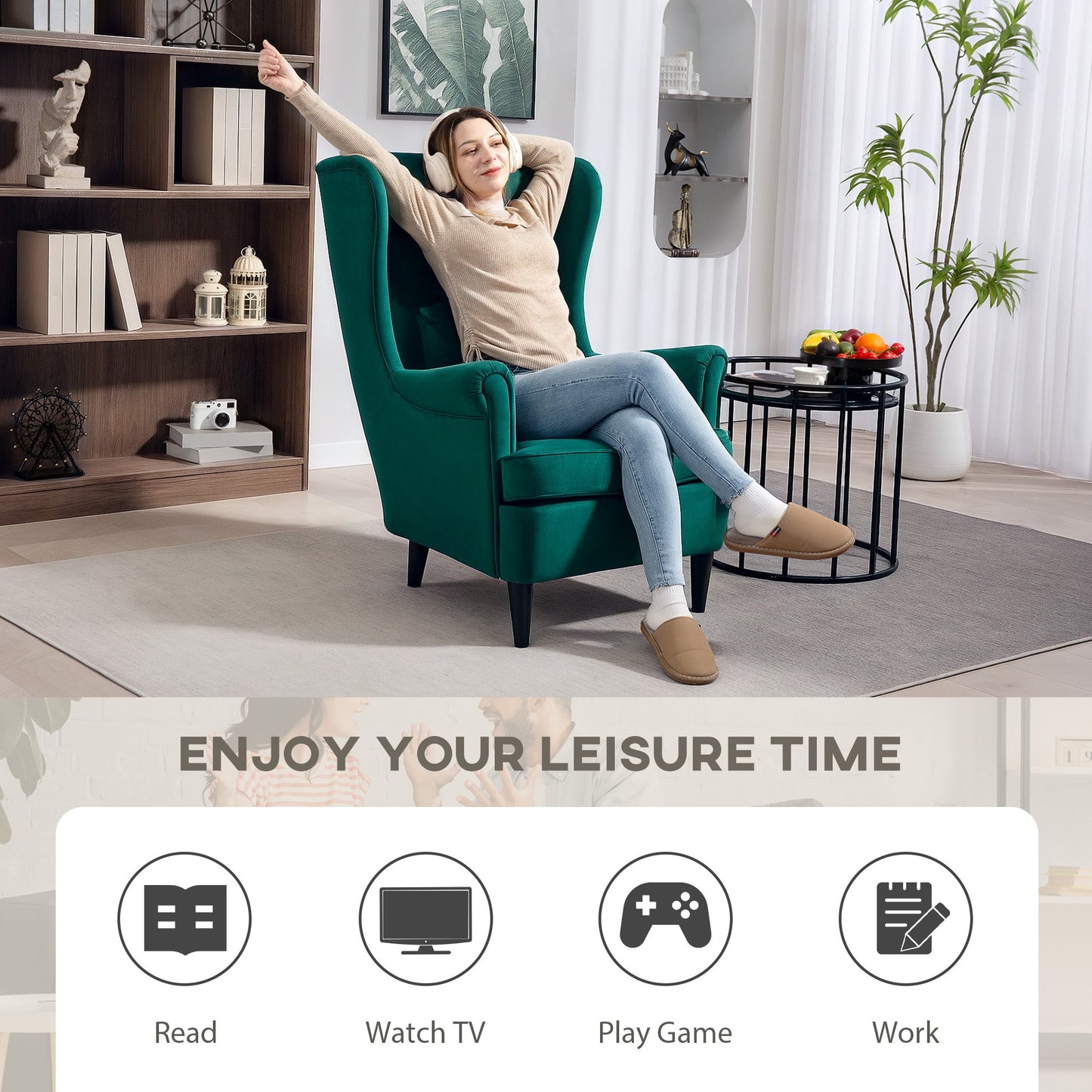 HOMCOM Modern Accent Chair, Upholstered Wingback Armchair with High Backrest and Pillow, Velvet-Feel Fabric Reading Chair with Solid Wood Legs for Living Room, Bedroom, Home Office, Dark Green