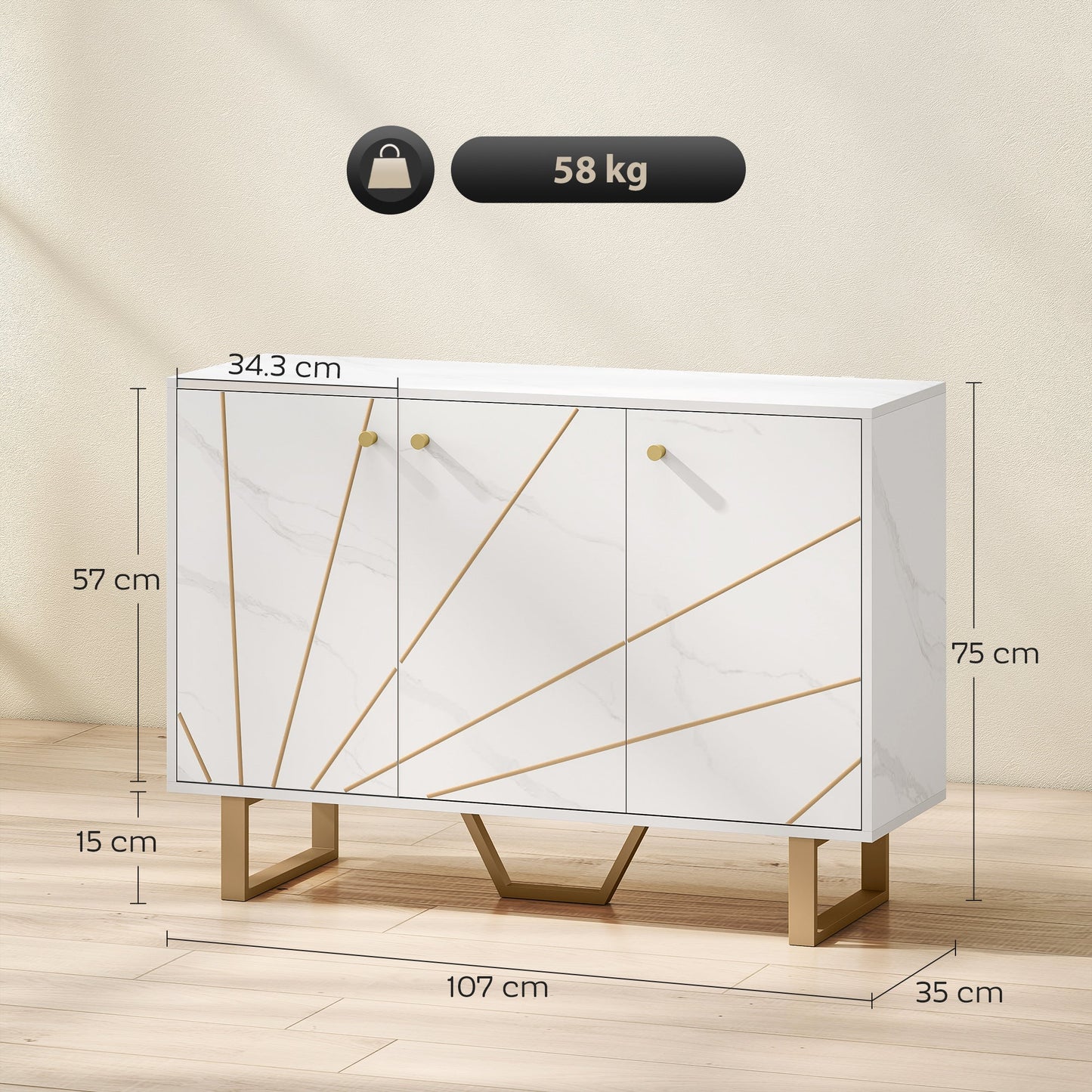 HOMCOM Sideboard Storage Cabinet, Modern Storage Cupboard with Adjustable Shelves and Metal Legs for Living Room, Kitchen, Dining Room, Entryway, White Marble Tone