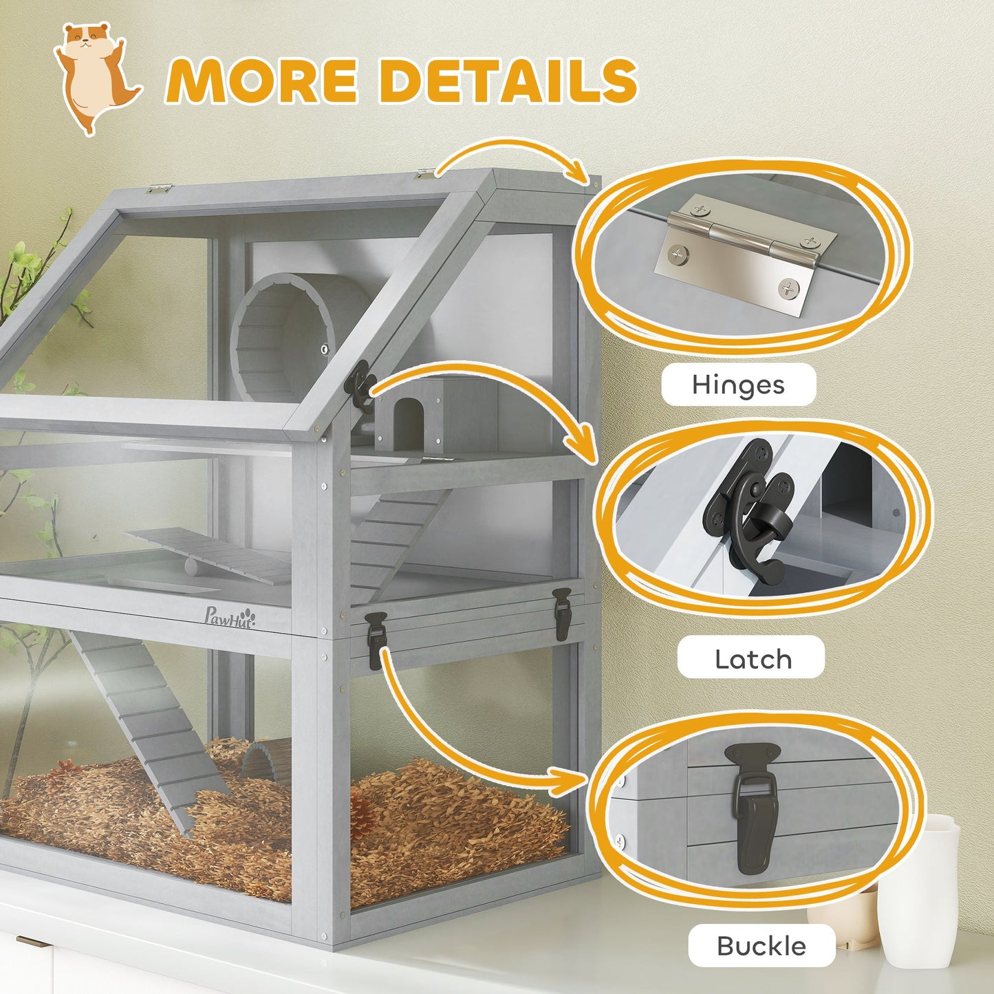 PawHut Wooden Hamster Cage with Detachable 32cm Deep Bottom, Hut, Seesaw, Exercise Wheel, Ramp, 60 x 40 x 75cm, Light Grey